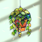 Hanging Plant Acrylic Wavy Suncatcher Ornament, Green Vines in Terracotta Pot, Botanical Faux Stained Glass Window Decor for Plant Lovers
